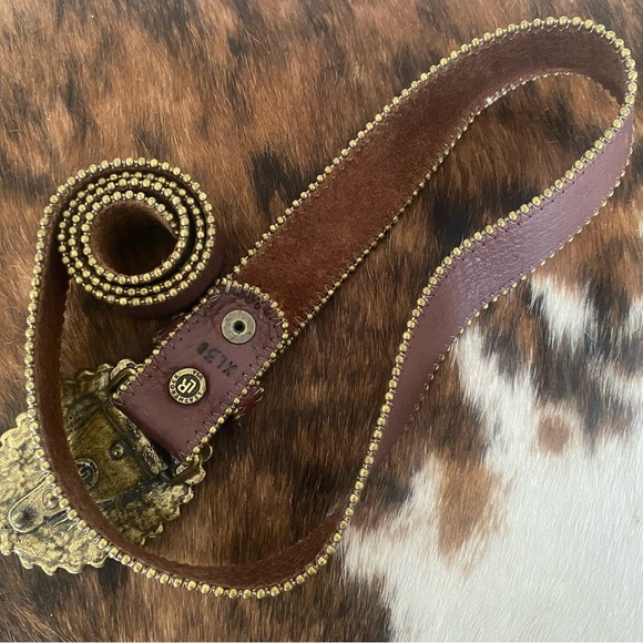 EUC Vintage LEATHEROCK Soft Leather Brass Belt and Abalone Buckle Set